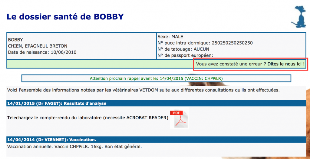 Exemple du dossier vétérinaire en ligne pour les clients VETDOM à Narbonne